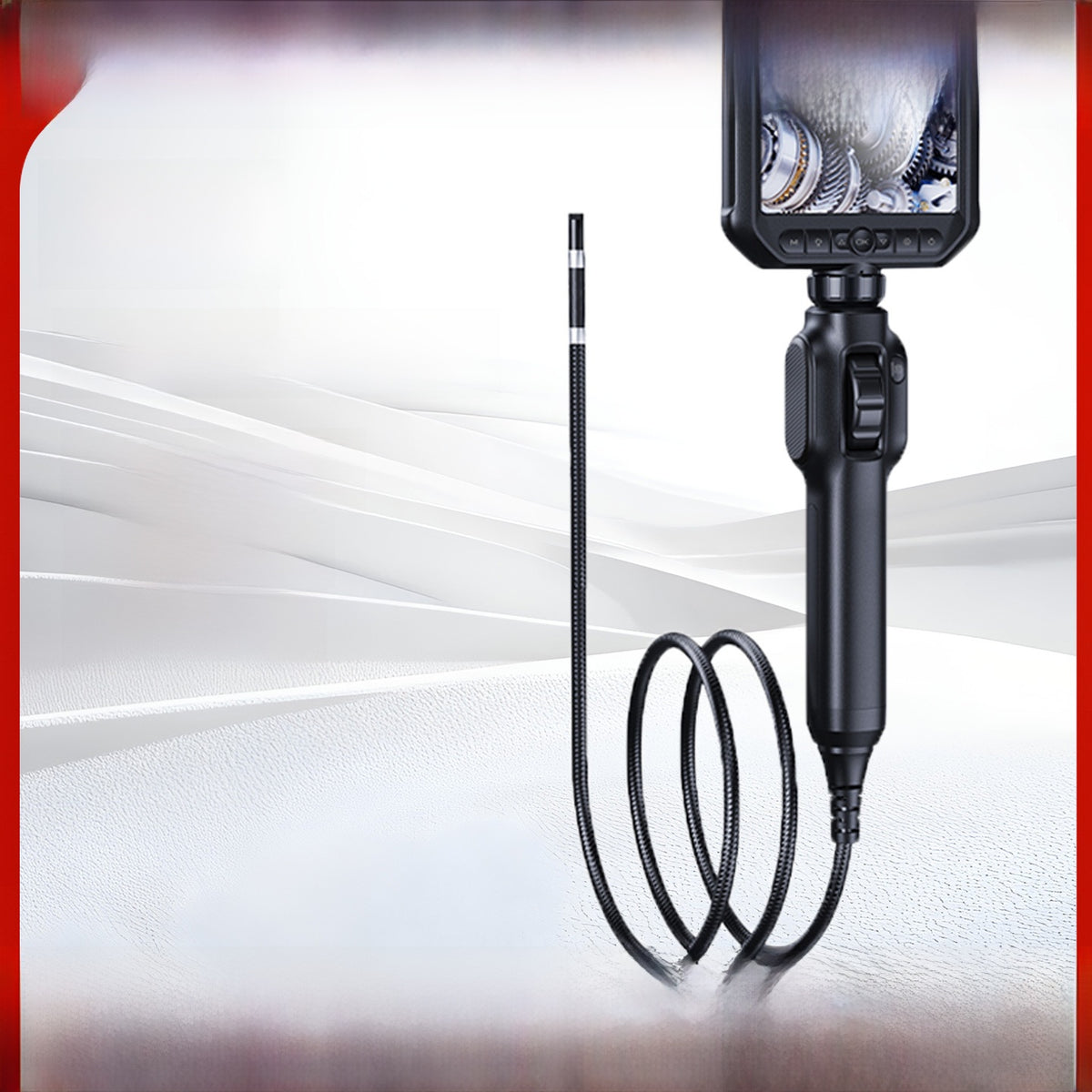 Borescope with a long thin probe cable coiled on a white and red background