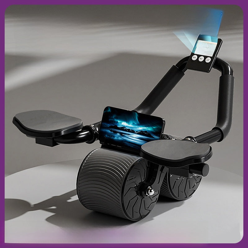 Black ab roller with elbow pads, a phone clip and a handlebar timer module