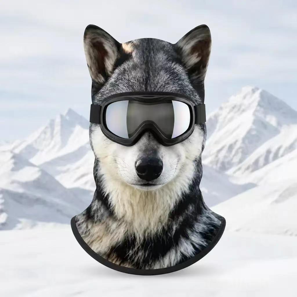 Grey and black husky print fleece balaclava with pointed ears, Animal Winter Mask P option