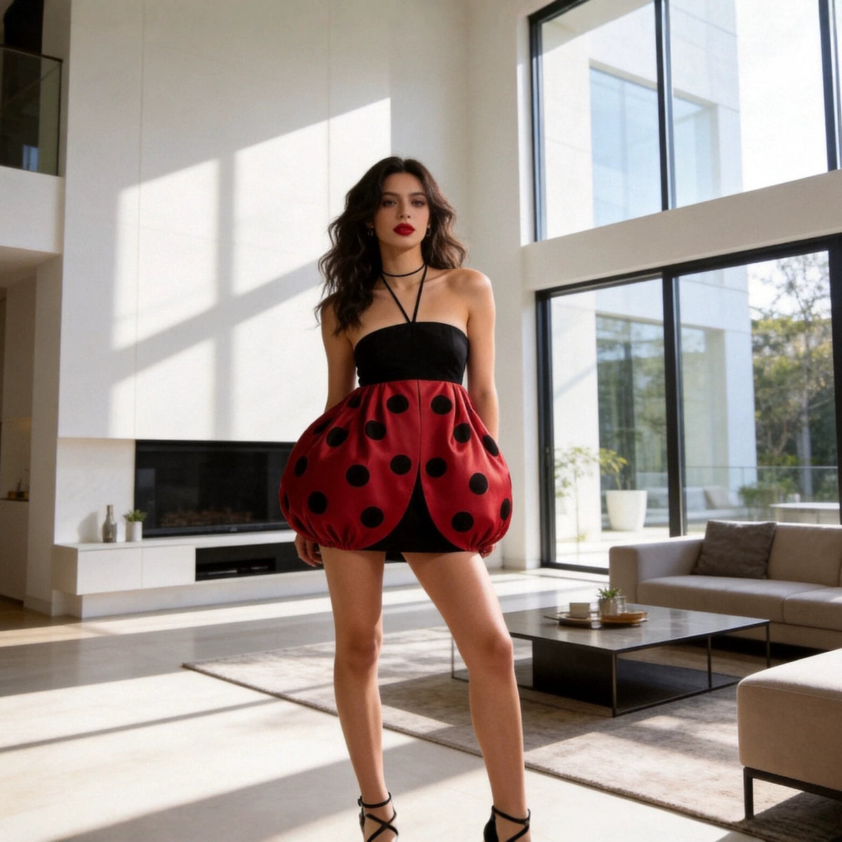 Model standing in a bright living room wearing the black bandeau top dress with a red polka dot tulip skirt