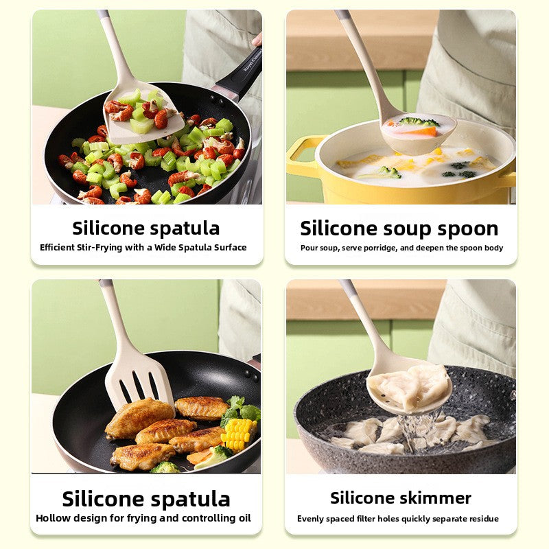 Four gray and white silicone kitchen tools in use, turner, soup ladle and skimmer over pans