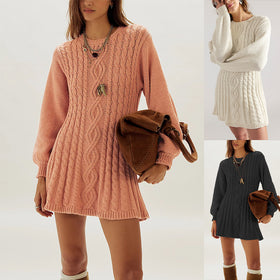 Womens Round Neck Cable Knit Long Sleeve Dress