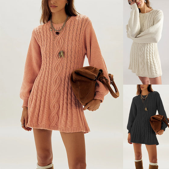 Womens Round Neck Cable Knit Long Sleeve Dress