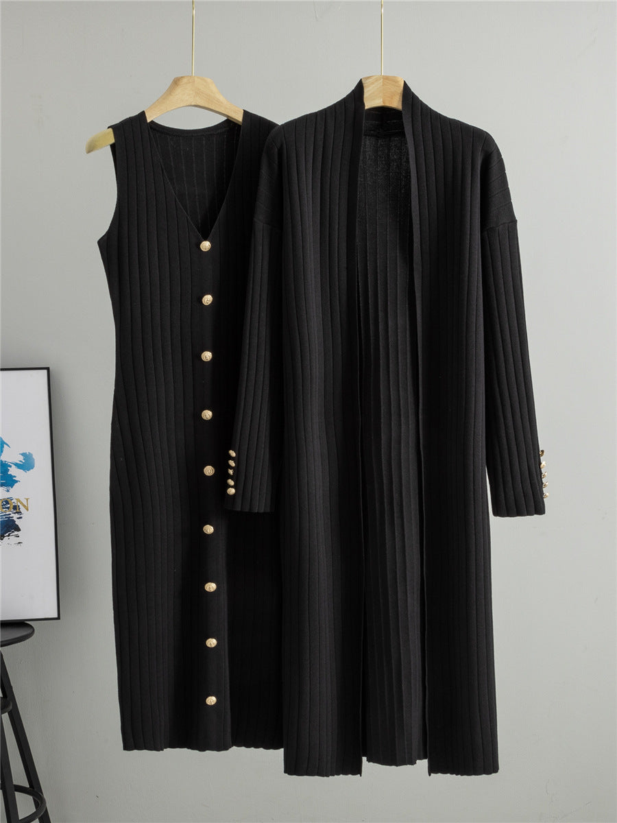 Black two piece ribbed knit set showing the buttoned dress beside the long open cardigan