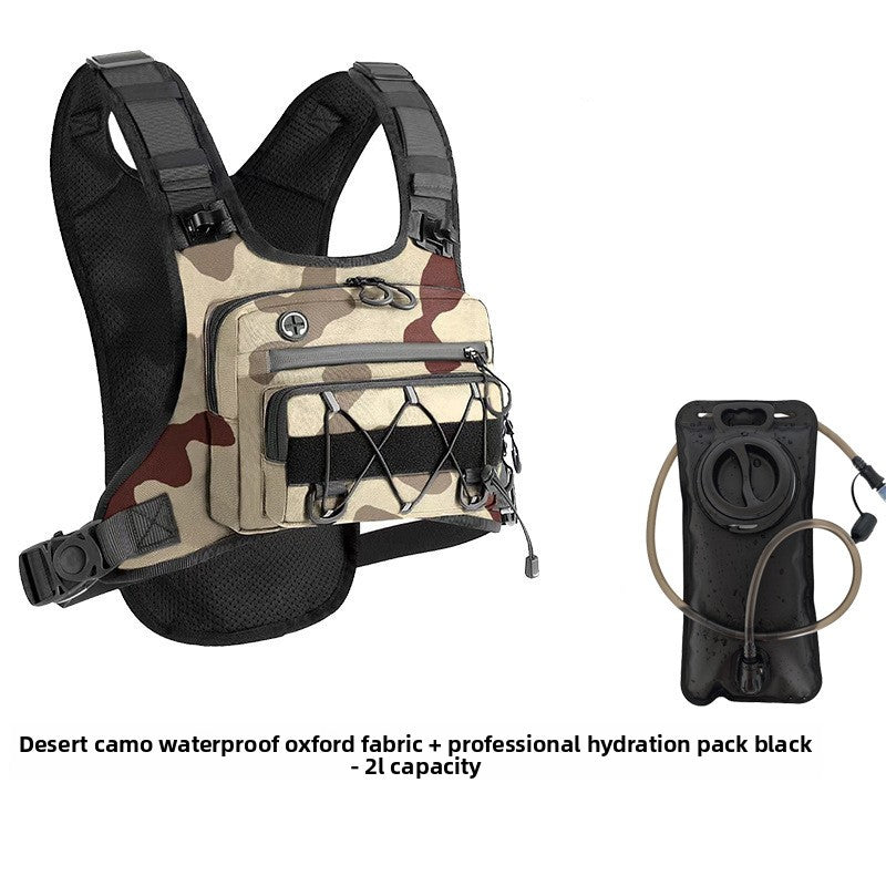Gray chest pack front view with pockets zipped and straps set