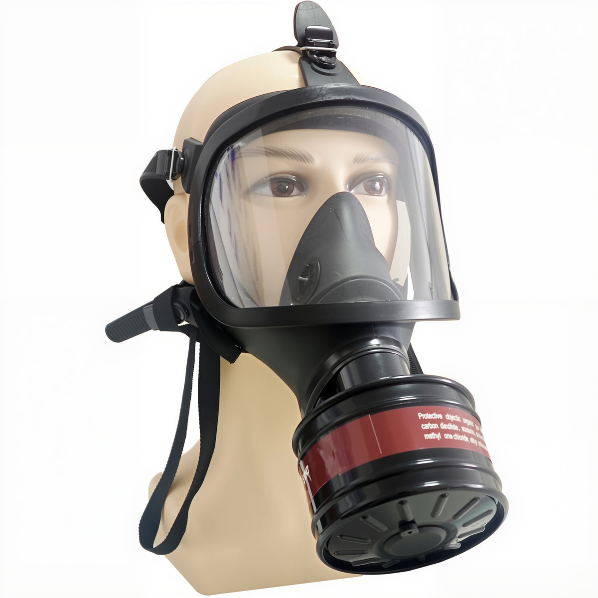 Full face respirator worn on a mannequin head with a red band organic vapour canister fitted