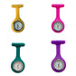 Round analog dial of the fob watch with printed numbers and two hands behind glass