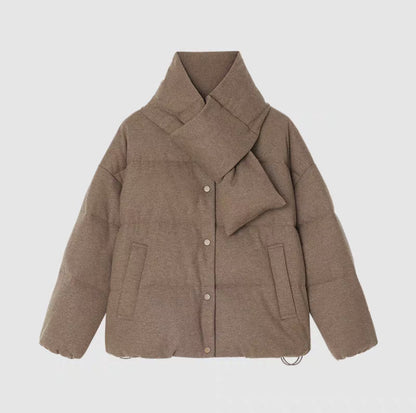 Womens wool blend down jacket in flower brown with an attached scarf collar, front view on white