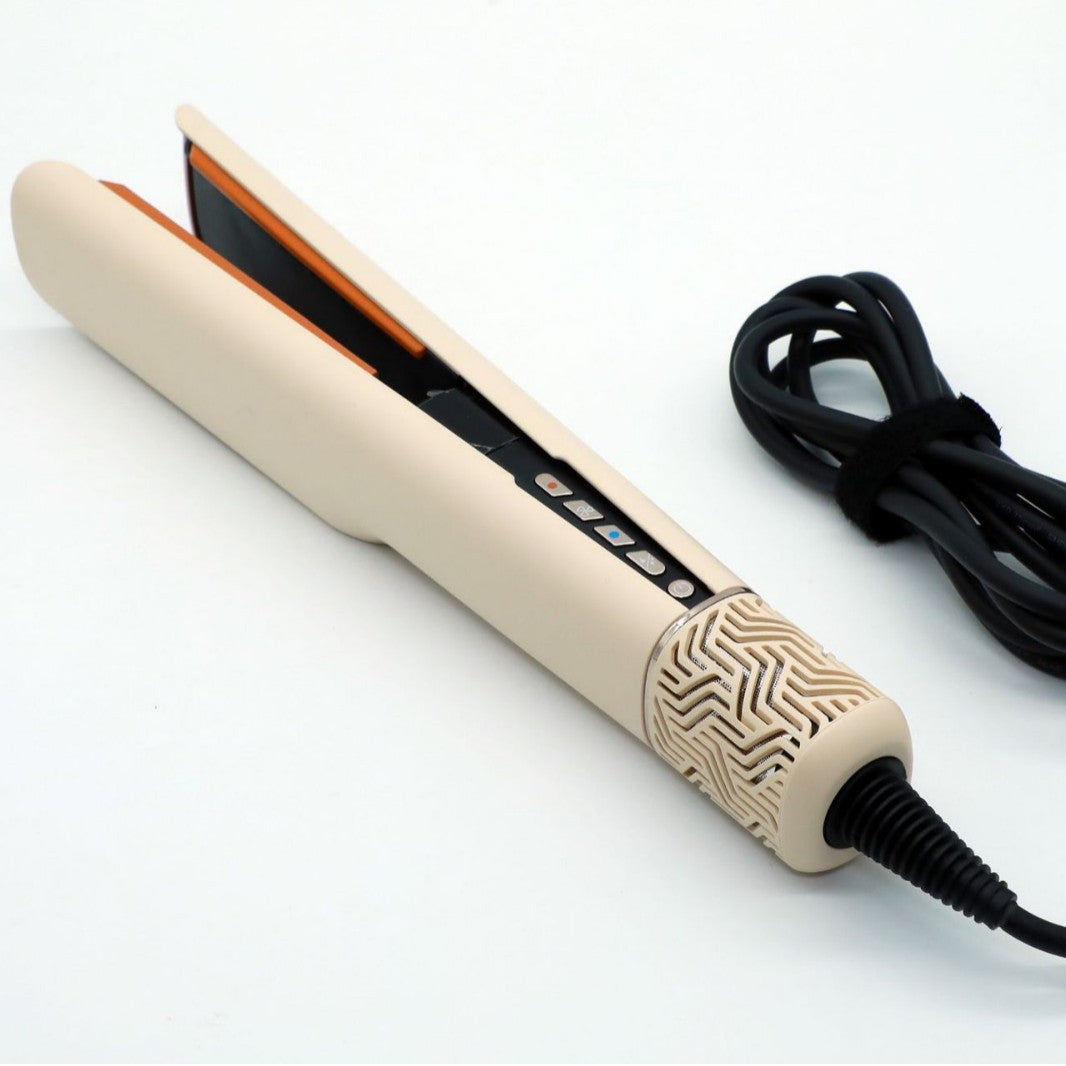 Open champagne hair straightener showing rose gold plate and row of control buttons