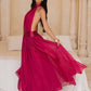 Backless halter chiffon maxi gown with sequin collar, close up of the sequin banded halter collar at the throat