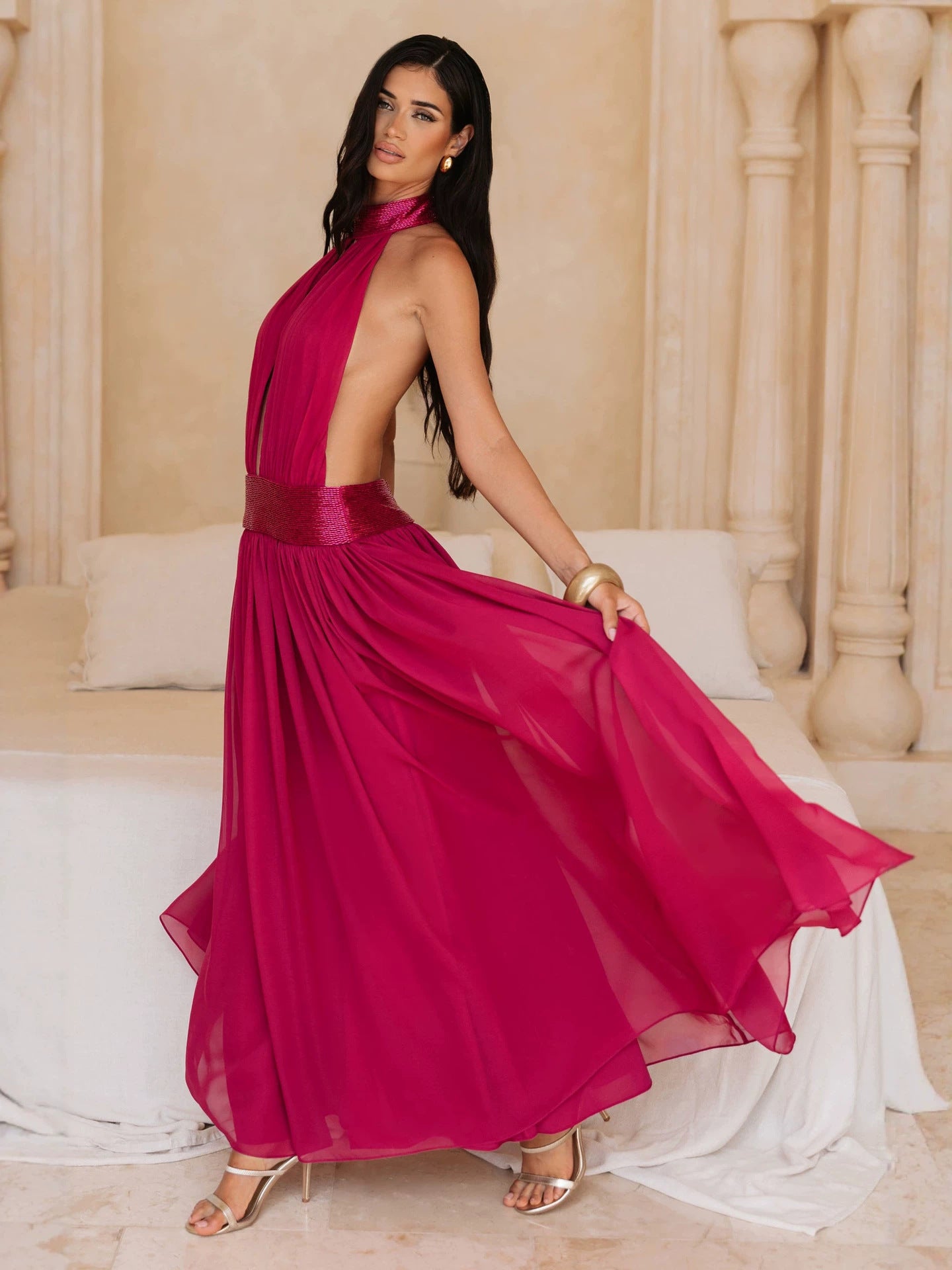 Backless halter chiffon maxi gown with sequin collar, close up of the sequin banded halter collar at the throat