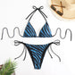 Teal zebra bikini set photographed flat on white, no clasp and no zip on either piece