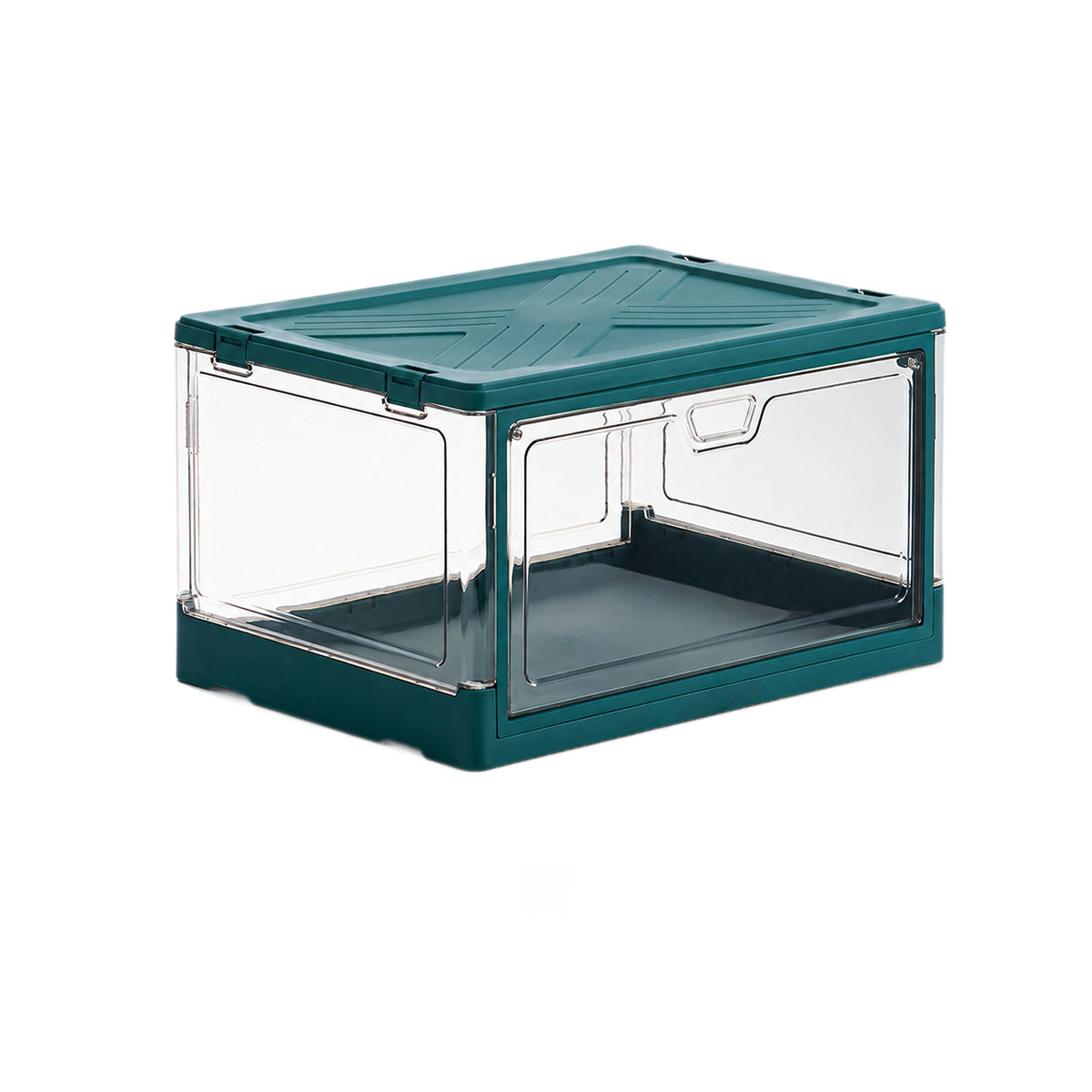 Clear shoe storage box shown folded flat to show the collapsible build