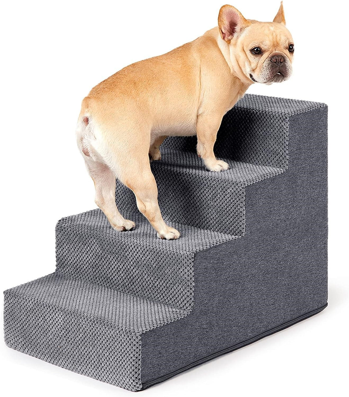 Dark gray four-tier pet steps with a French bulldog on white background, option L3 42x33x30cm