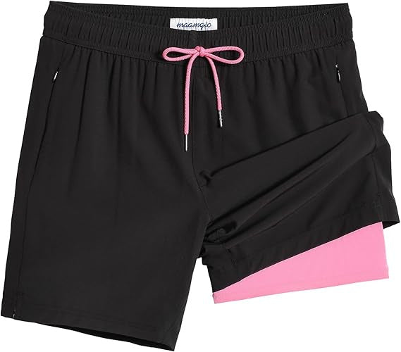 Men's two in one swim trunks showing inner liner pulled out for view