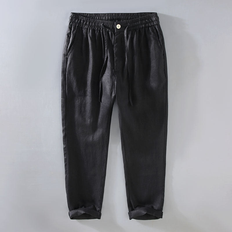 Pure linen mens drawstring straight leg trousers in original hemp, front flat view