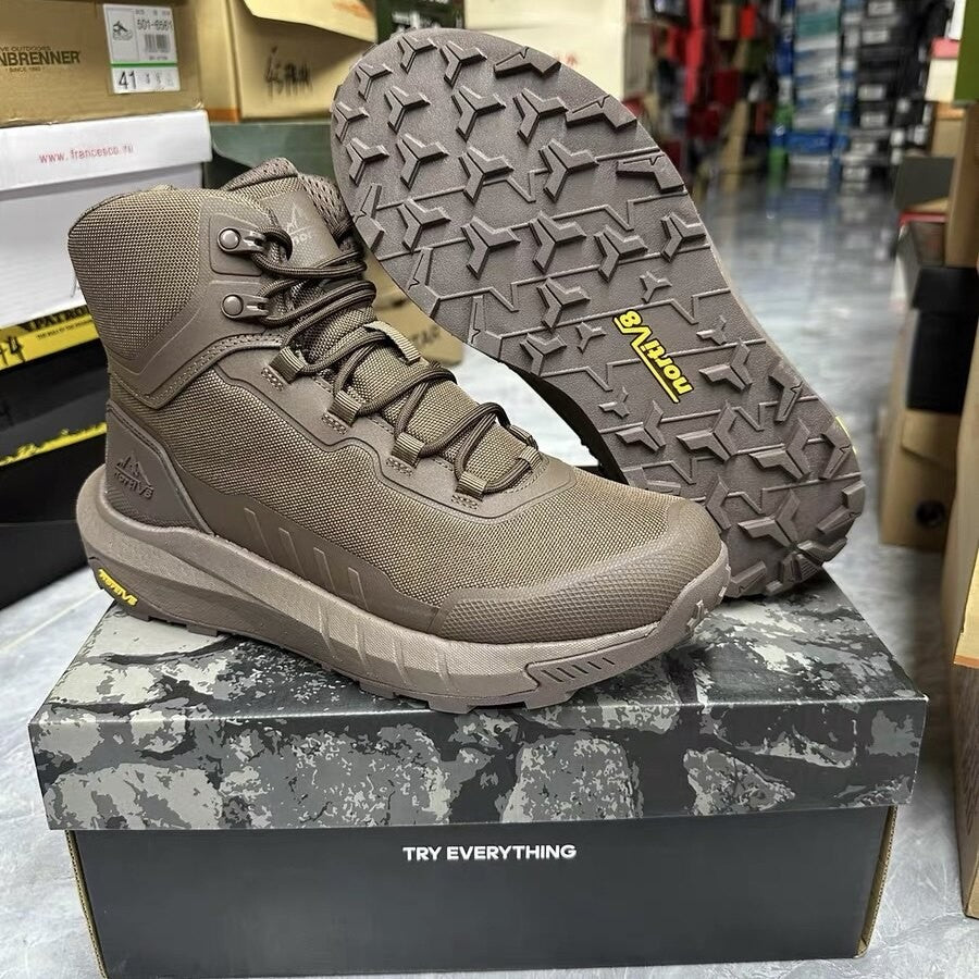 Men's hiking boots shown from above looking into the collar