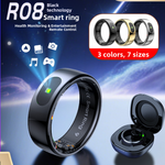 R08 smart ring shown in black, gold and silver finishes as a group