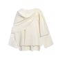 White knitted coat with a draped scarf collar and flared hem