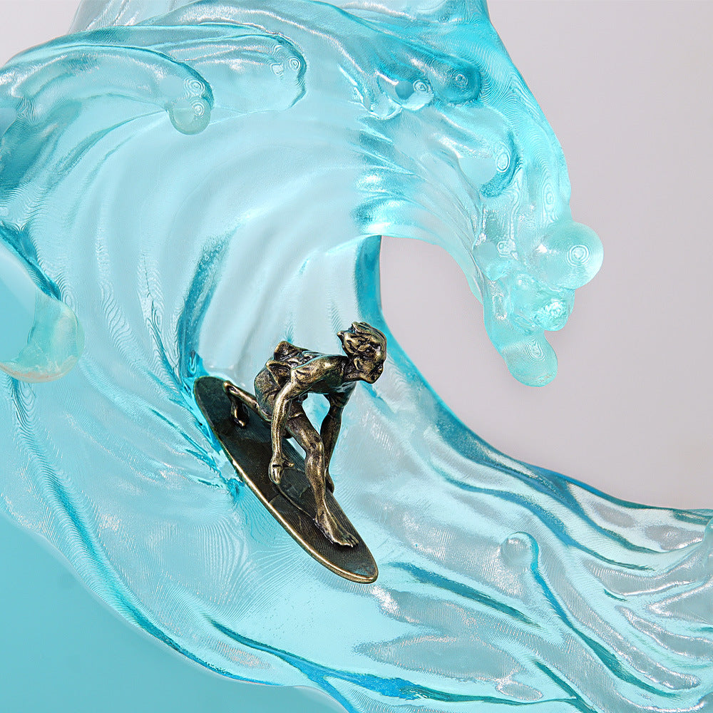 Clear resin wave sculpture with surfer whale shark and jellyfish on wood base