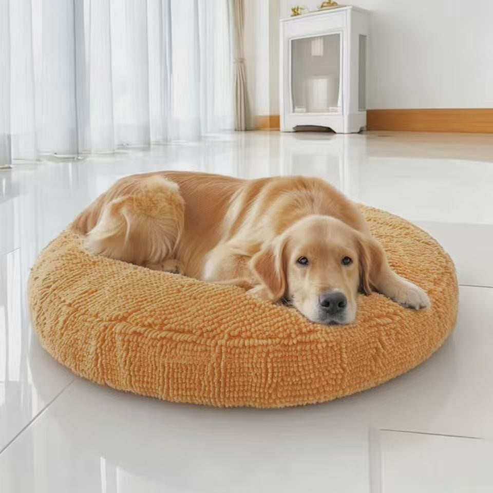 Round chenille pet bed with a deep plush pile and a raised rim