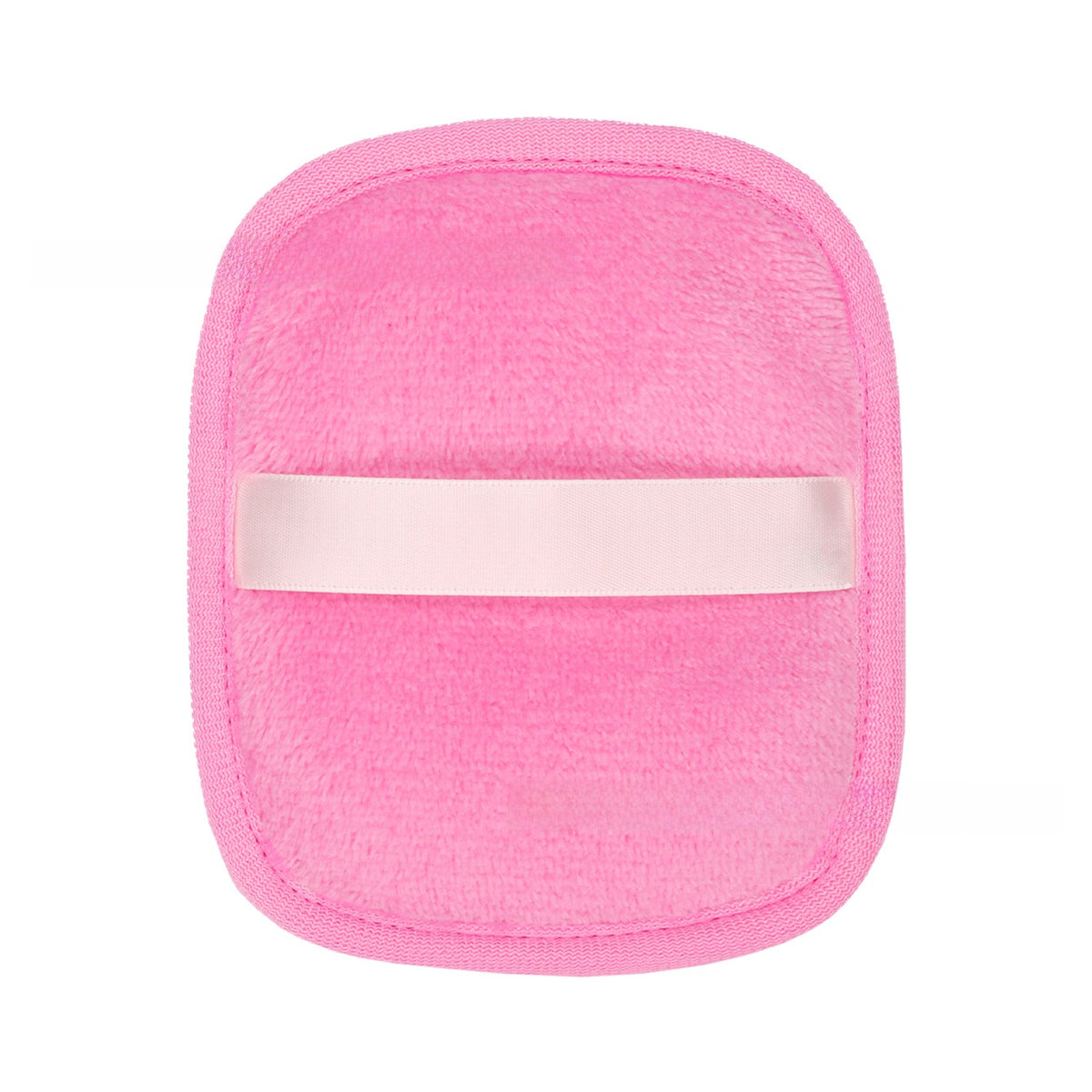 Reusable makeup remover pad with a satin hand strap shown on a plain background