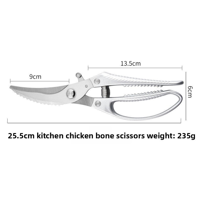 Curved poultry shears about 255 mm long with nutcracker jaws and fish scaling teeth on the handle