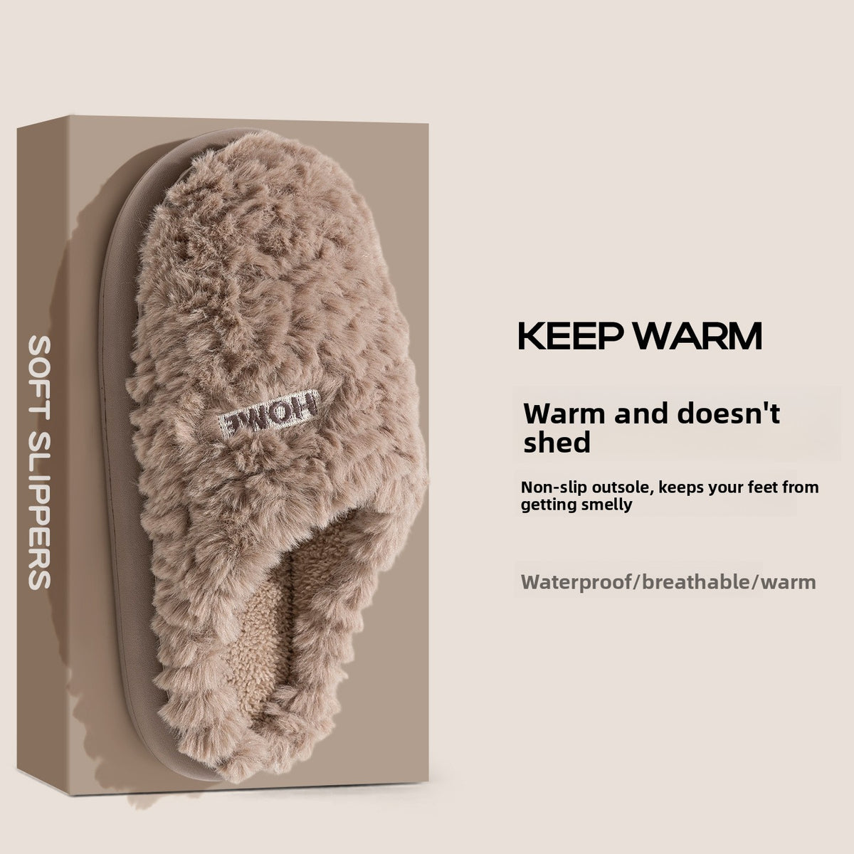 Brown plush slipper in a SOFT SLIPPERS box, KEEP WARM banner