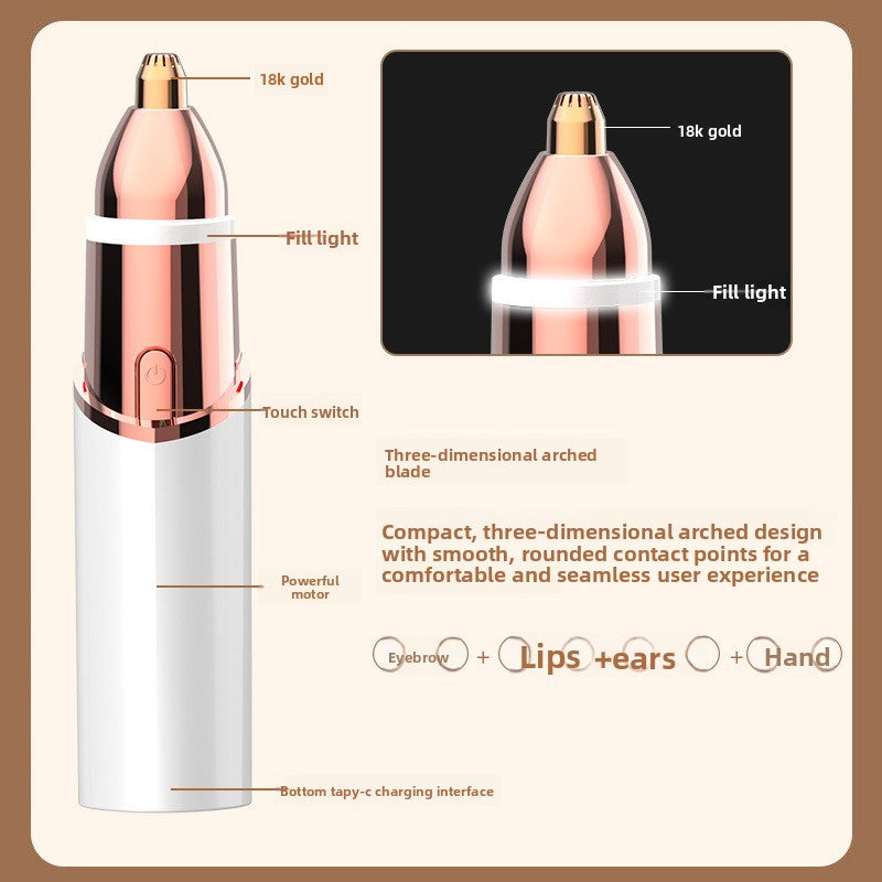Labelled diagram of the pointed brow head, fill light, motor and Type C charging port