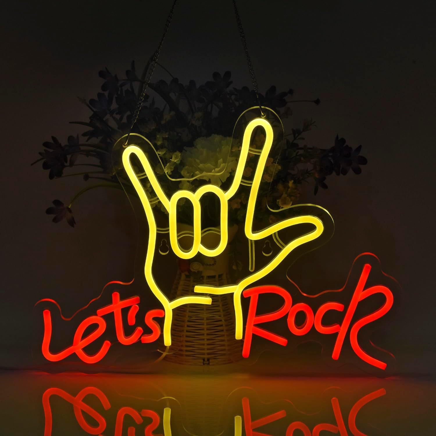 LED neon wall light sign, lit above a bed