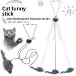 Hanging over the door cat teaser with a grey plush mouse on an elastic string