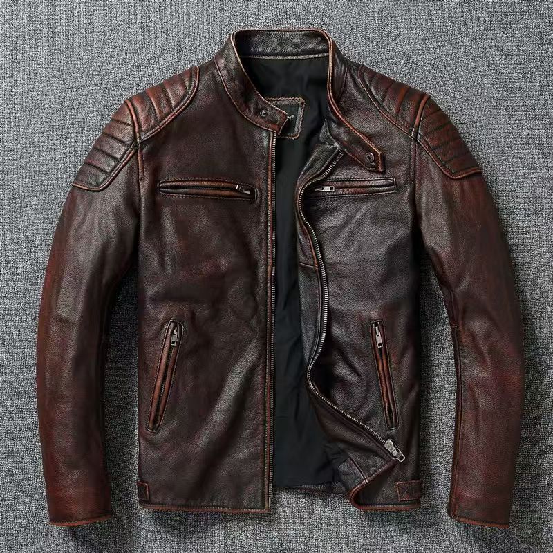 Brown stand collar moto jacket with zip pockets, Brown Stand Collar Quilted L option photo
