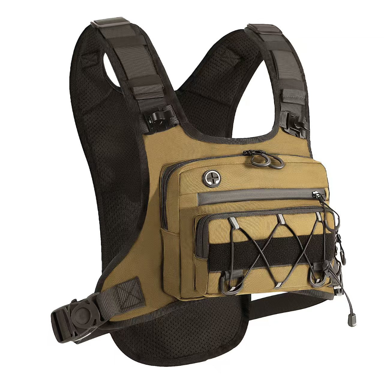 Bungee laced front pocket detail on the chest pack for quick access items
