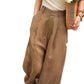 Close view of coffee brown cotton linen weave on high waist wide leg trousers