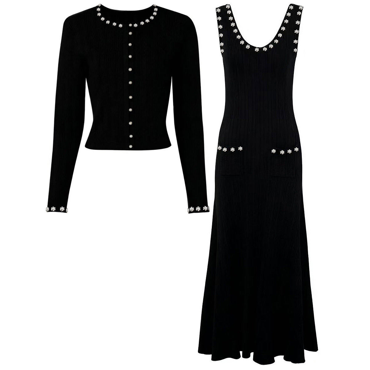 Knitted top and dress set styled as a coordinated everyday outfit