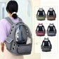 Woman wearing a gray dome pet carrier backpack beside a grid of the same bag in five colors