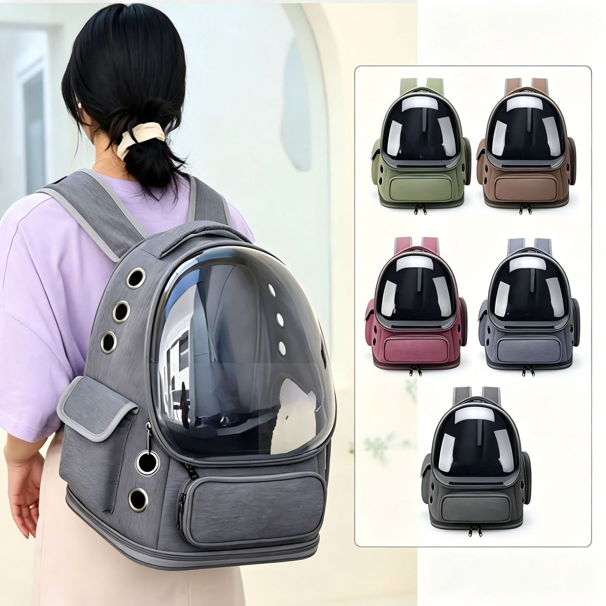 Woman wearing a gray dome pet carrier backpack beside a grid of the same bag in five colors