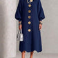 Navy Blue option, size S: long ribbed knit dress with polo collar, balloon sleeves and large gold-tone buttons