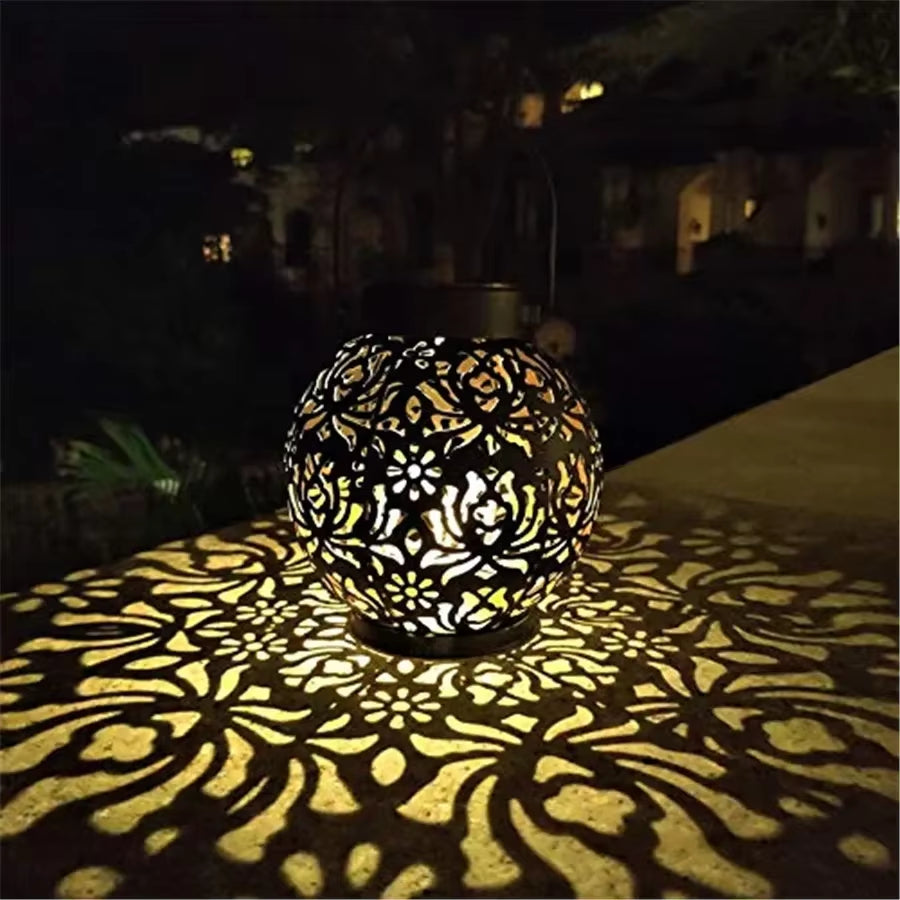 Outdoor Solar Iron Art Hanging Light Hollow LED Waterproof Landscape Projection Lamp for Garden Decor