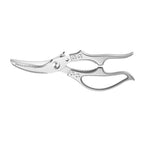 Heavy duty stainless steel kitchen scissors with curved serrated blade and spring loaded handles