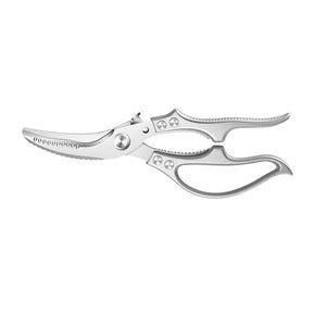 Heavy duty stainless steel kitchen scissors with curved serrated blade and spring loaded handles