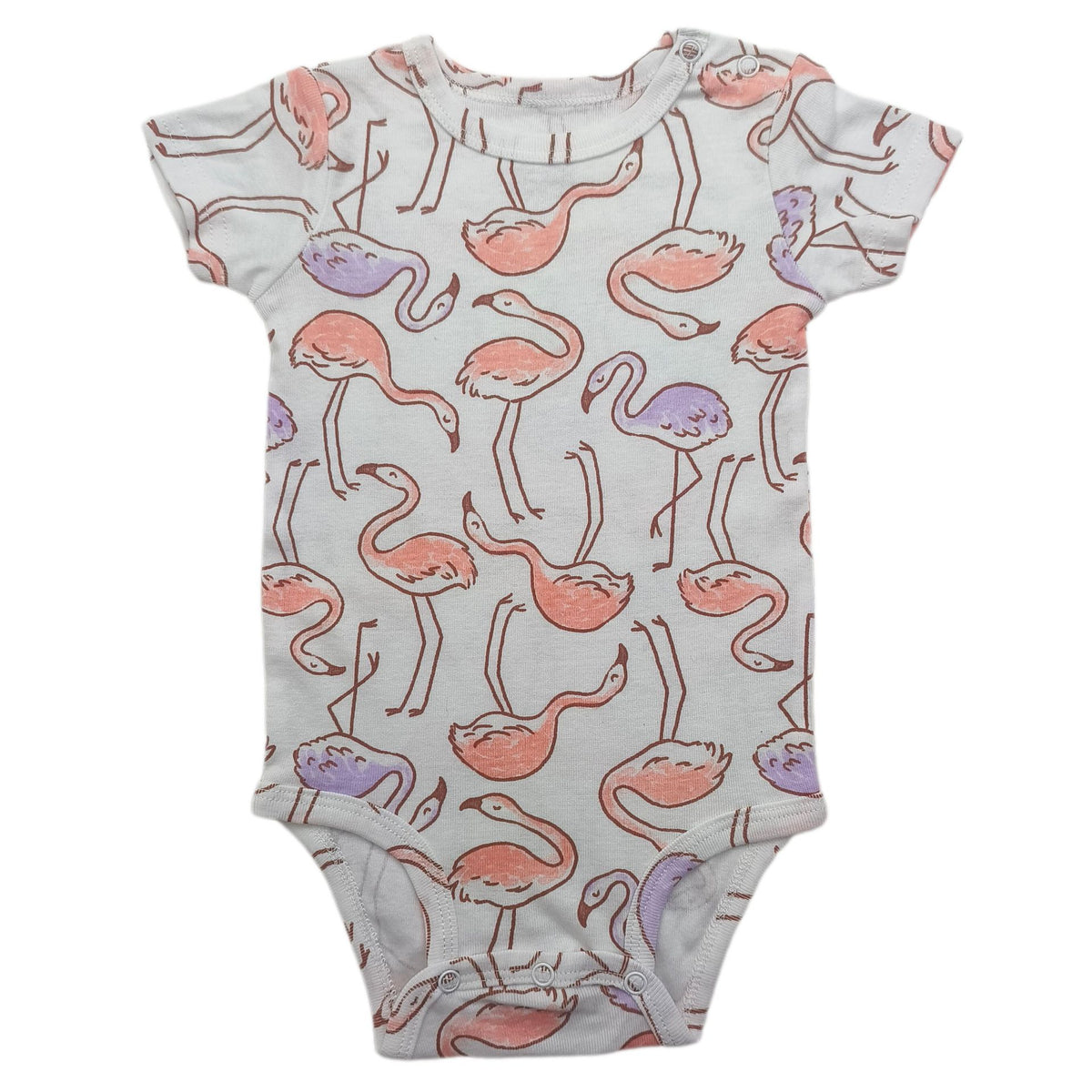 Folded baby short sleeve cotton bodysuit with shoulder snap shoulders on a plain background
