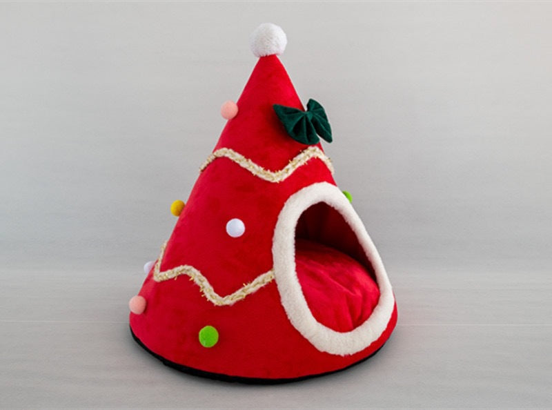 Christmas tree pet den with pompom baubles down the plush cone