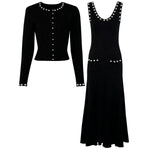 Black knitted women's top and sleeveless dress set, full front view