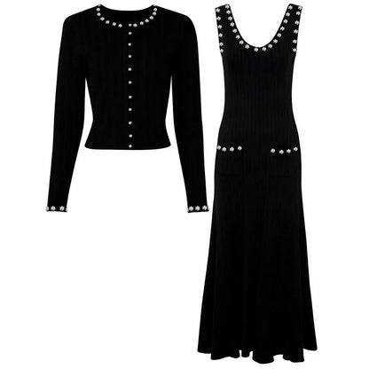 Black knitted women's top and sleeveless dress set, full front view
