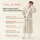 Man in a striped fleece kimono style robe beside five home use scenes: after a shower, relaxing, morning, before bed, guests