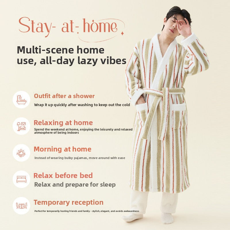 Man in a striped fleece kimono style robe beside five home use scenes: after a shower, relaxing, morning, before bed, guests