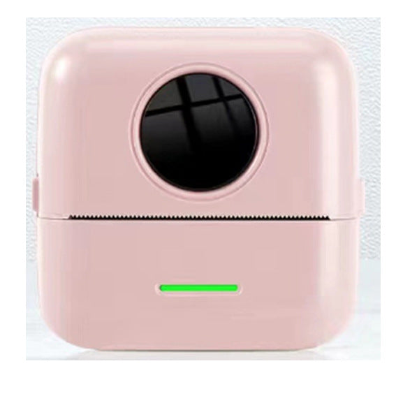 Pink round faced thermal printer with a large dark circle and a green light on a white background, X5 pink option