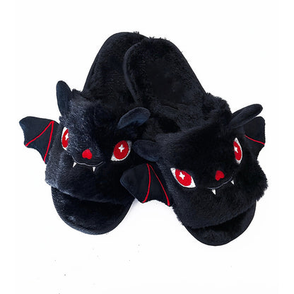 Bat plush slippers shown in black, pink and purple color options