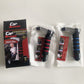 Retail box beside two portable car assist handles, one with a red foam grip and one with a blue foam grip